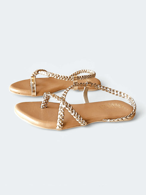 Womens Tan and Gold Gladiator Slingback Flat Sandals - cunei